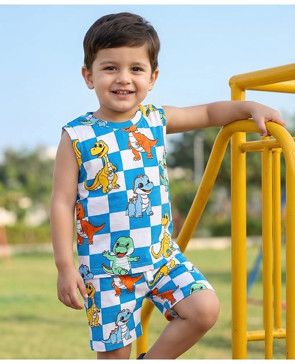 Babyhug Single Jersey Knit Sleeveless Tank T-Shirt & Shorts Co-Ord Set With Dino Print - Blue & White