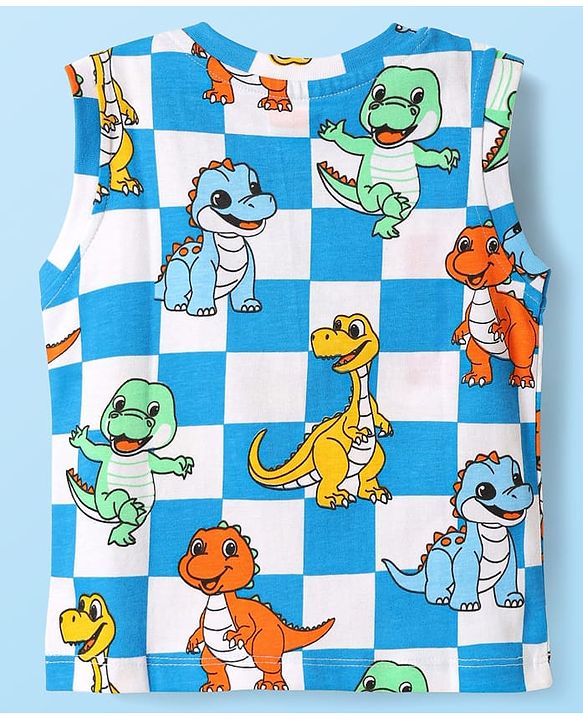 Babyhug Single Jersey Knit Sleeveless Tank T-Shirt & Shorts Co-Ord Set With Dino Print - Blue & White