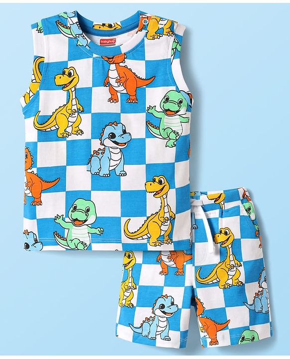 Babyhug Single Jersey Knit Sleeveless Tank T-Shirt & Shorts Co-Ord Set With Dino Print - Blue & White