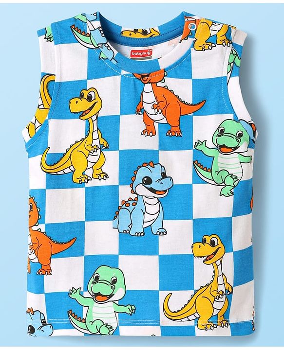 Babyhug Single Jersey Knit Sleeveless Tank T-Shirt & Shorts Co-Ord Set With Dino Print - Blue & White