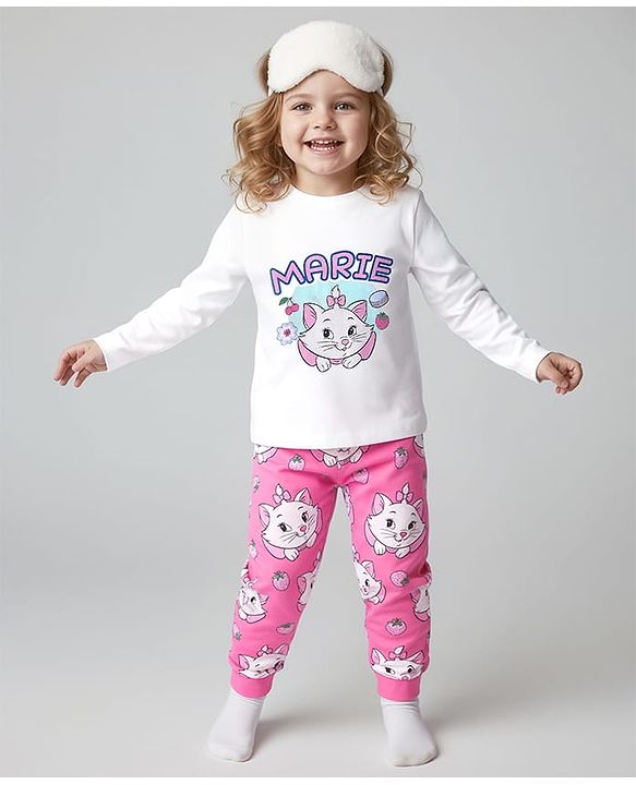 Babyhug Disney Single Jersey Knit Full Sleeves Night Suit with Marie Graphics - White & Pink
