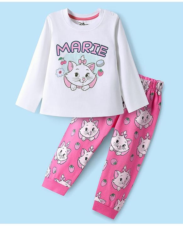 Babyhug Disney Single Jersey Knit Full Sleeves Night Suit with Marie Graphics - White & Pink