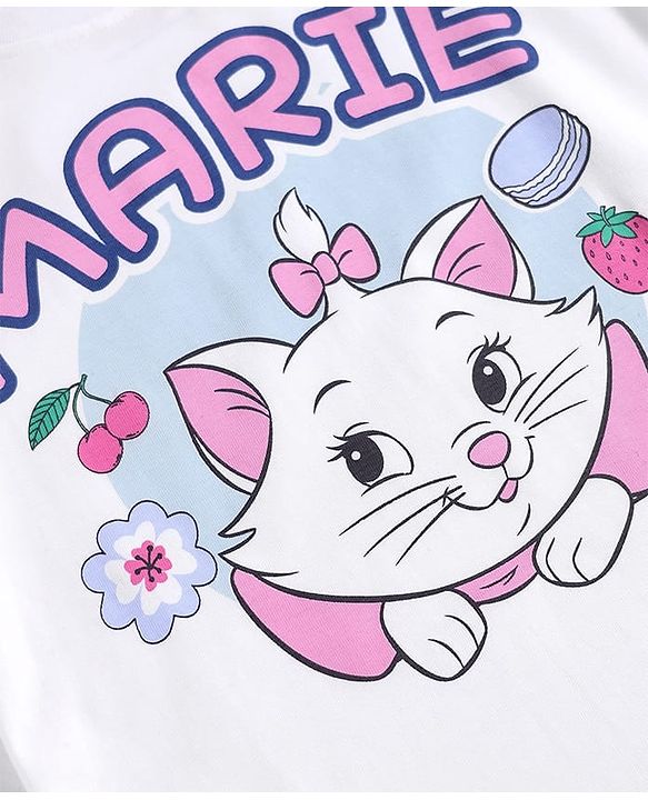Babyhug Disney Single Jersey Knit Full Sleeves Night Suit with Marie Graphics - White & Pink