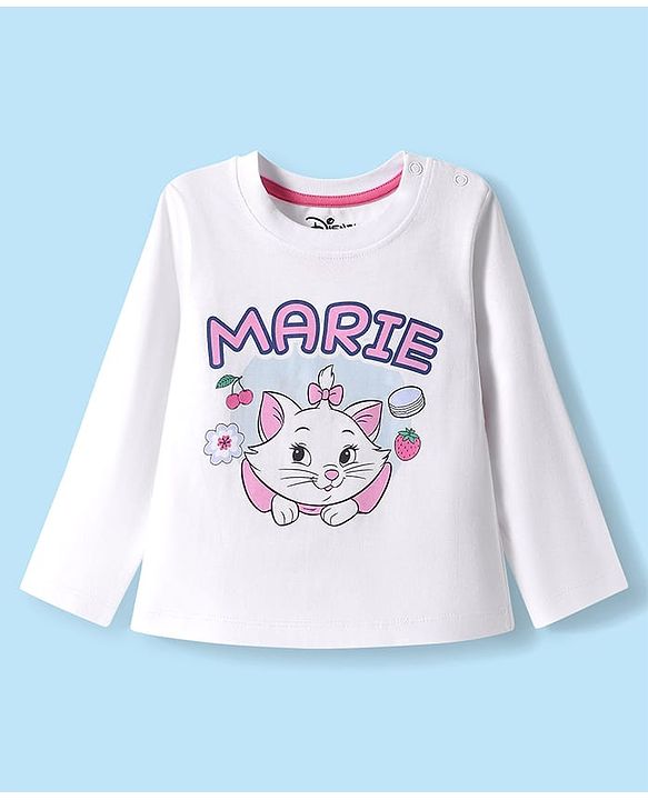 Babyhug Disney Single Jersey Knit Full Sleeves Night Suit with Marie Graphics - White & Pink