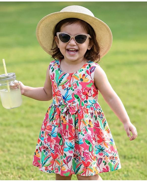 Babyhug Cotton Woven Sleeveless Frock With Floral Print & Bow Applique - Red