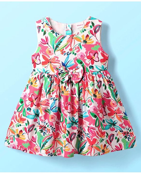 Babyhug Cotton Woven Sleeveless Frock With Floral Print & Bow Applique - Red