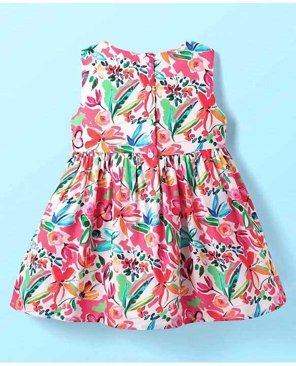 Babyhug Cotton Woven Sleeveless Frock With Floral Print & Bow Applique - Red