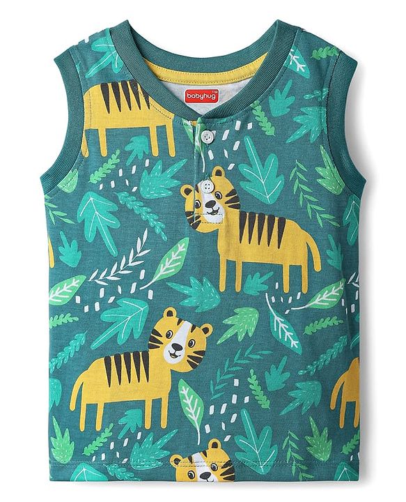 Babyhug Single Jersey Knit Sleeveless Tank T-Shirt & Shorts Set With Tiger Print - Green & Brown