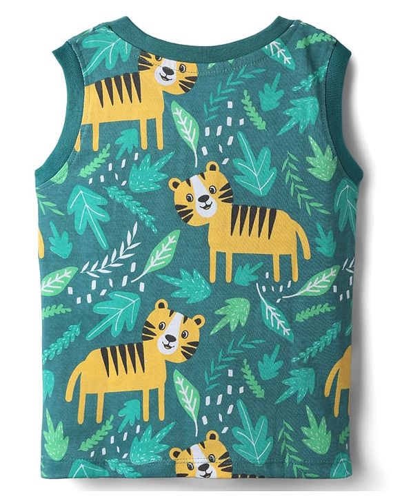 Babyhug Single Jersey Knit Sleeveless Tank T-Shirt & Shorts Set With Tiger Print - Green & Brown