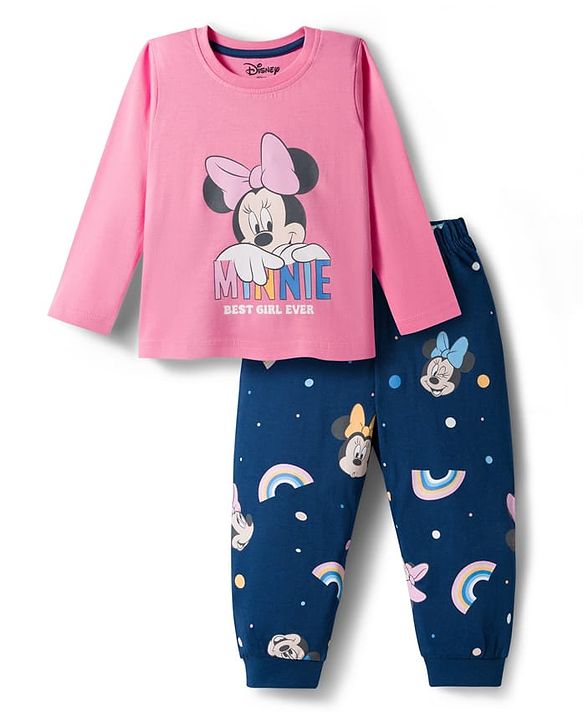 Babyhug Disney Single Jersey Knit Full Sleeves Night Suit With Minnie Mouse Family Graphics - Pink & Navy Blue