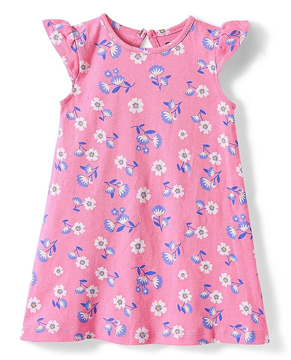 Babyhug Cotton Knit Frill Sleeves Nighty with Floral Print - Pink