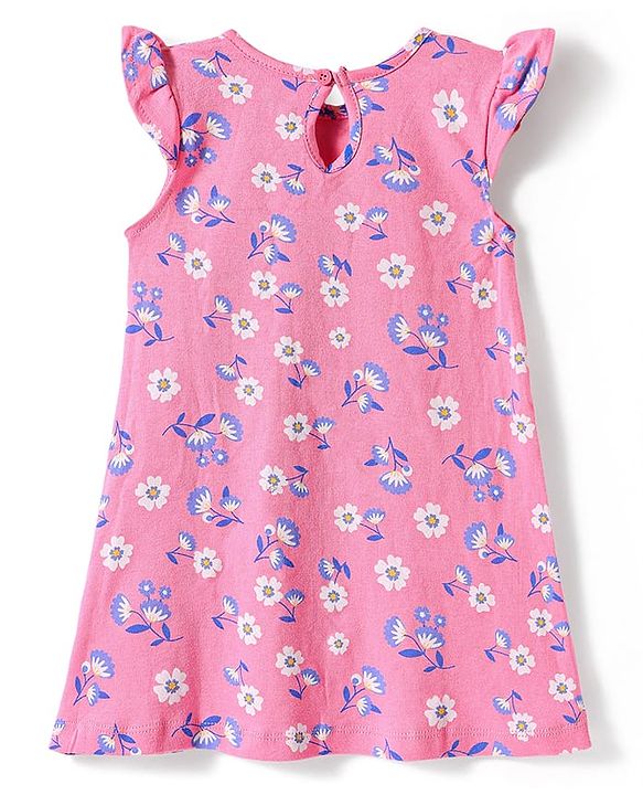 Babyhug Cotton Knit Frill Sleeves Nighty with Floral Print - Pink