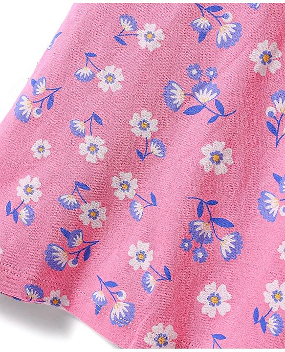 Babyhug Cotton Knit Frill Sleeves Nighty with Floral Print - Pink