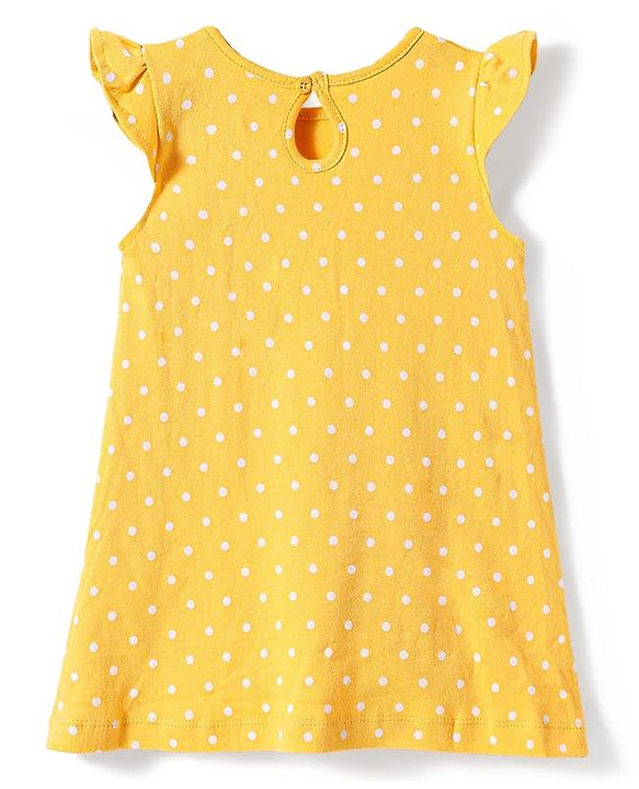 Babyhug Cotton Knit Frill Sleeves Nighty with Polka Dots Print - Yellow