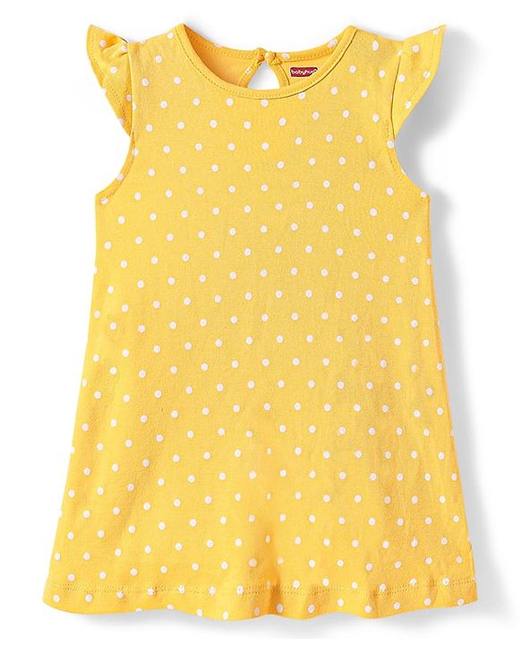 Babyhug Cotton Knit Frill Sleeves Nighty with Polka Dots Print - Yellow