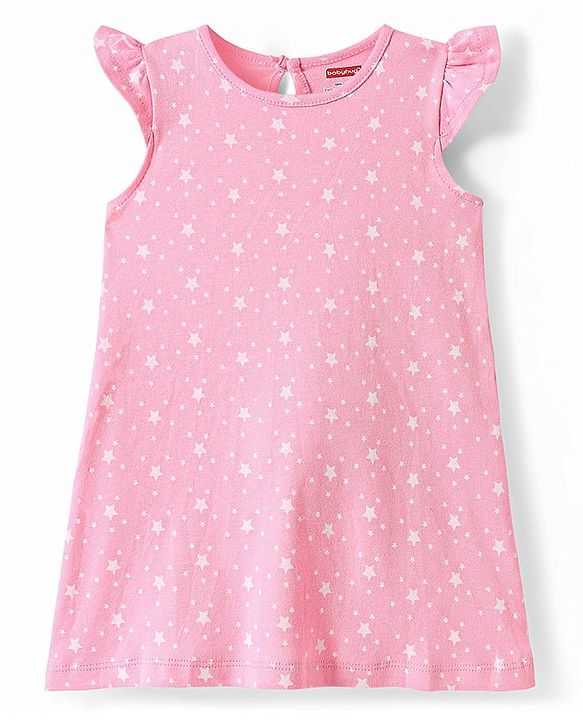 Babyhug Cotton Knit Frill Sleeves Nighty with Stars Print - Pink