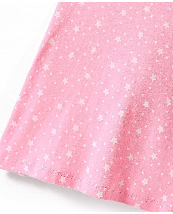 Babyhug Cotton Knit Frill Sleeves Nighty with Stars Print - Pink