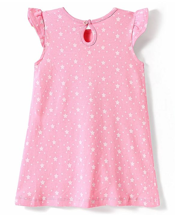 Babyhug Cotton Knit Frill Sleeves Nighty with Stars Print - Pink