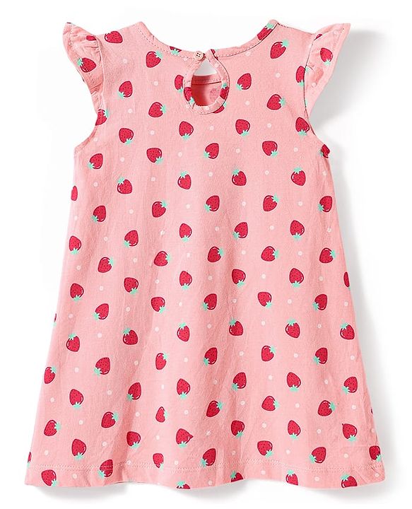 Babyhug Cotton Knit Frill Sleeves Nighty with Strawberry Print - Pink