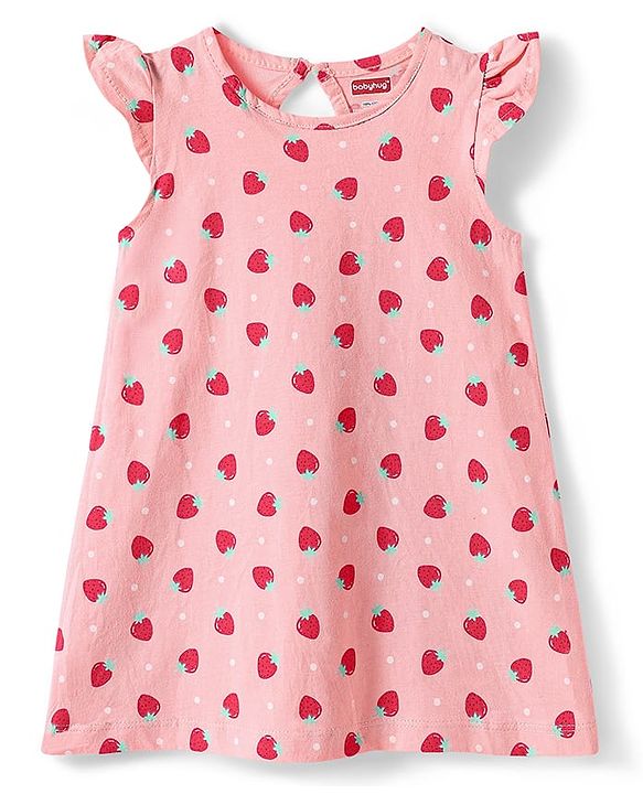 Babyhug Cotton Knit Frill Sleeves Nighty with Strawberry Print - Pink