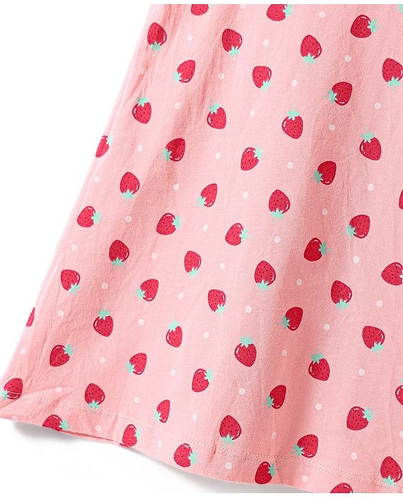 Babyhug Cotton Knit Frill Sleeves Nighty with Strawberry Print - Pink