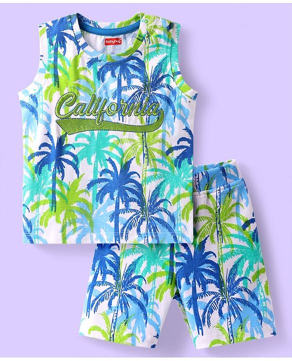 Babyhug Single Jersey Cotton Knit Sleeveless Tank T-Shirt & Shorts Co-Ord Set With Beach Theme Print - Blue