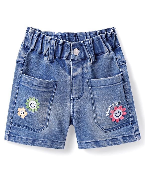 Babyhug Denim Knit Mid Thigh Washed Shorts with With Stretch & Floral Embroidery - Blue