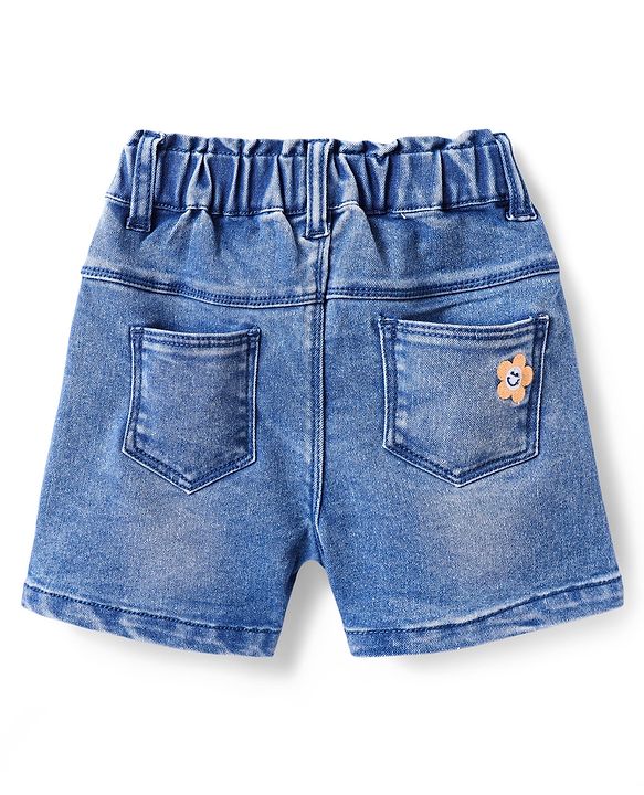 Babyhug Denim Knit Mid Thigh Washed Shorts with With Stretch & Floral Embroidery - Blue