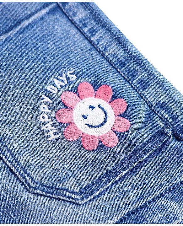 Babyhug Denim Knit Mid Thigh Washed Shorts with With Stretch & Floral Embroidery - Blue