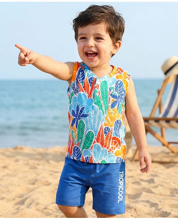 Babyhug Single Jersey Knit Sleeveless T-Shirt & Shorts with Leaf Print - Blue