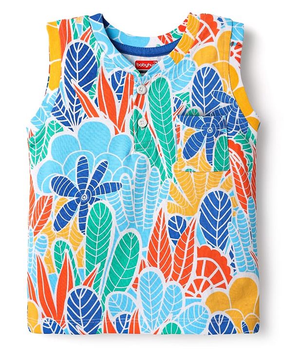 Babyhug Single Jersey Knit Sleeveless T-Shirt & Shorts with Leaf Print - Blue