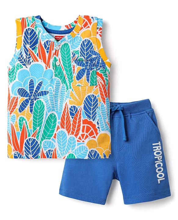 Babyhug Single Jersey Knit Sleeveless T-Shirt & Shorts with Leaf Print - Blue