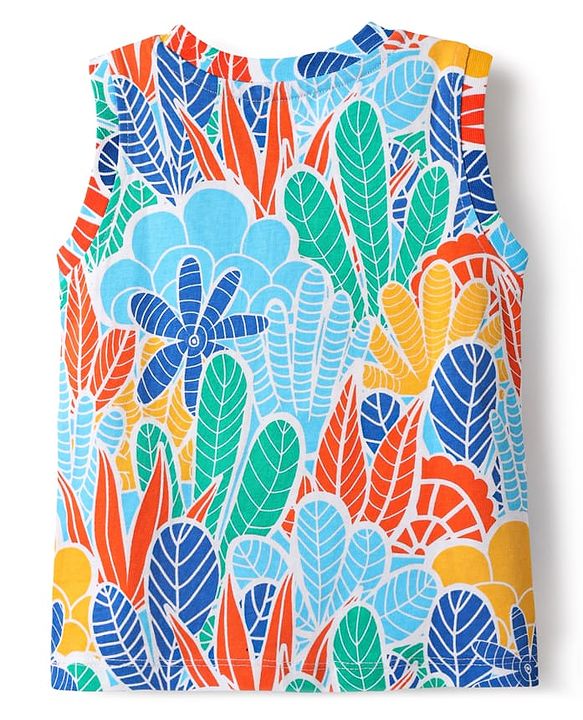 Babyhug Single Jersey Knit Sleeveless T-Shirt & Shorts with Leaf Print - Blue