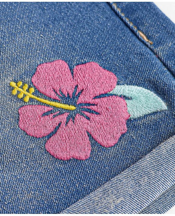 Babyhug Mid Thigh Length Washed Shorts with Stretch & Floral Embroidery - Blue