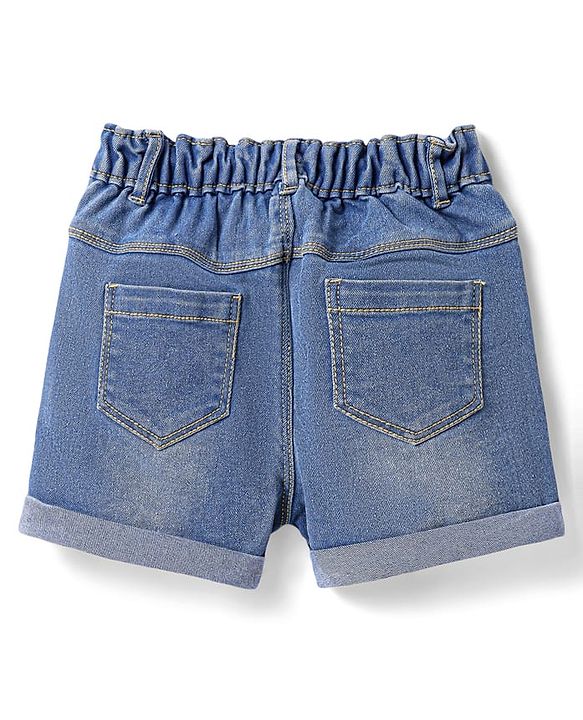 Babyhug Mid Thigh Length Washed Shorts with Stretch & Floral Embroidery - Blue