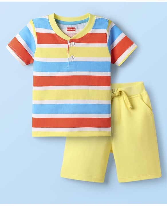 Babyhug Single Jersey Knit Half Sleeves Striped Henley T-Shirt & Shorts Set - Yellow