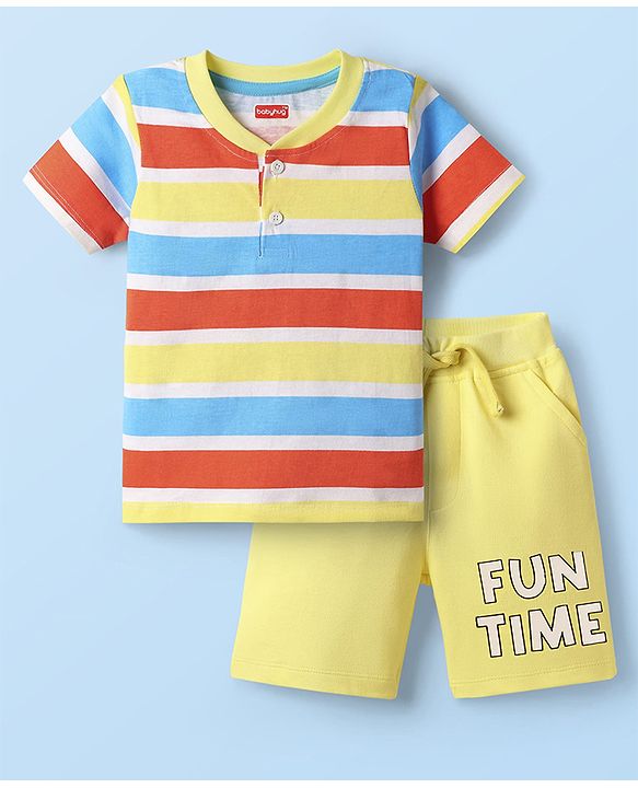 Babyhug Single Jersey Knit Half Sleeves Striped Henley T-Shirt & Shorts Set - Yellow