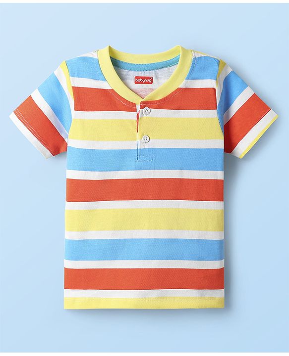 Babyhug Single Jersey Knit Half Sleeves Striped Henley T-Shirt & Shorts Set - Yellow