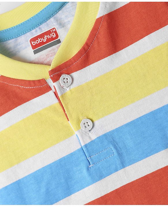 Babyhug Single Jersey Knit Half Sleeves Striped Henley T-Shirt & Shorts Set - Yellow