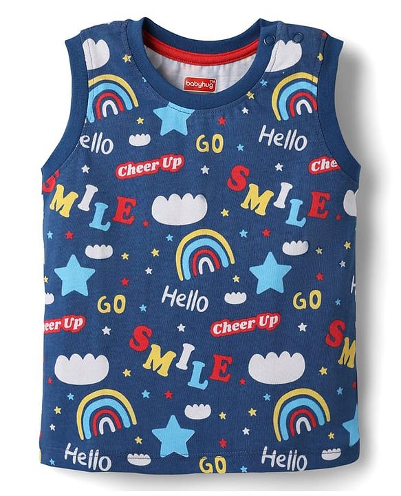 Babyhug Single Jersey Knit Sleeveless T-Shirt and Shorts Set with Rainbow & Smile Text Print - Navy Blue & Red