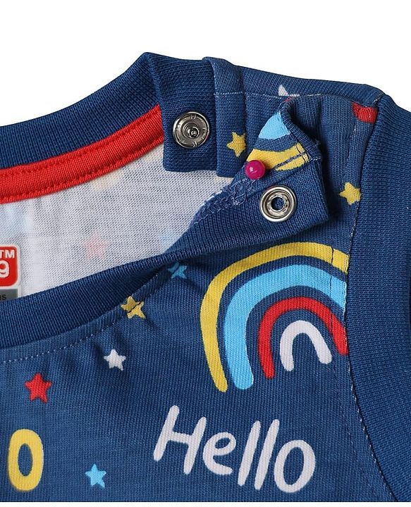 Babyhug Single Jersey Knit Sleeveless T-Shirt and Shorts Set with Rainbow & Smile Text Print - Navy Blue & Red