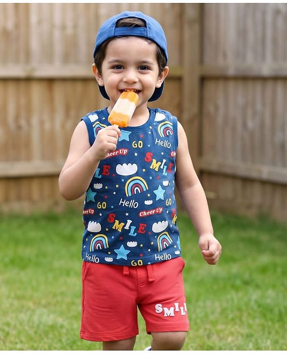 Babyhug Single Jersey Knit Sleeveless T-Shirt and Shorts Set with Rainbow & Smile Text Print - Navy Blue & Red