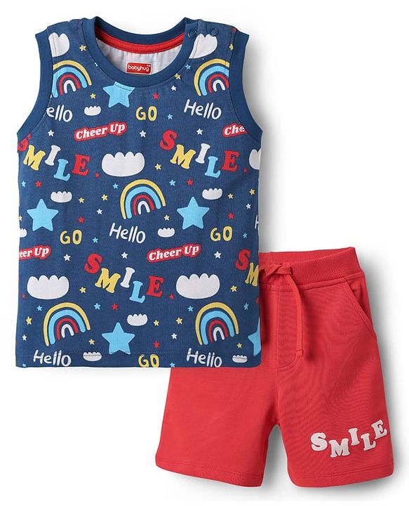 Babyhug Single Jersey Knit Sleeveless T-Shirt and Shorts Set with Rainbow & Smile Text Print - Navy Blue & Red