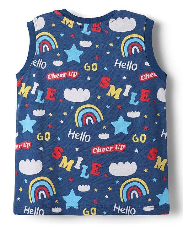 Babyhug Single Jersey Knit Sleeveless T-Shirt and Shorts Set with Rainbow & Smile Text Print - Navy Blue & Red