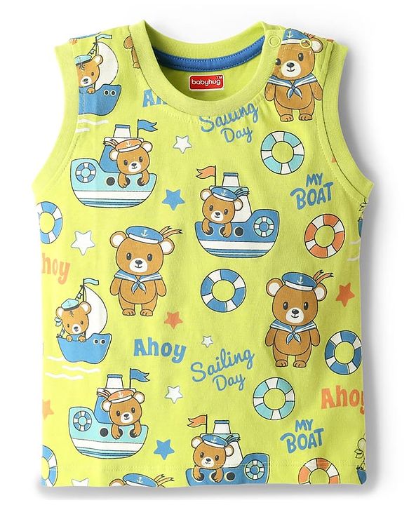 Babyhug Single Jersey Knit Sleeveless Tank T-Shirt & Shorts Set with Teddy Print - Limegreen & Blue