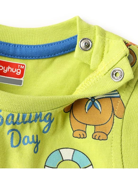 Babyhug Single Jersey Knit Sleeveless Tank T-Shirt & Shorts Set with Teddy Print - Limegreen & Blue