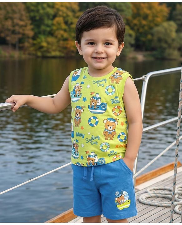 Babyhug Single Jersey Knit Sleeveless Tank T-Shirt & Shorts Set with Teddy Print - Limegreen & Blue