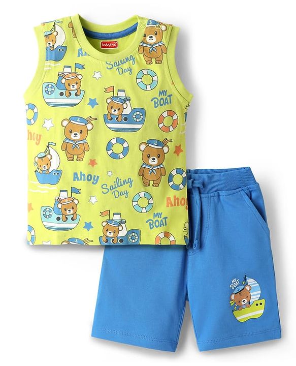 Babyhug Single Jersey Knit Sleeveless Tank T-Shirt & Shorts Set with Teddy Print - Limegreen & Blue