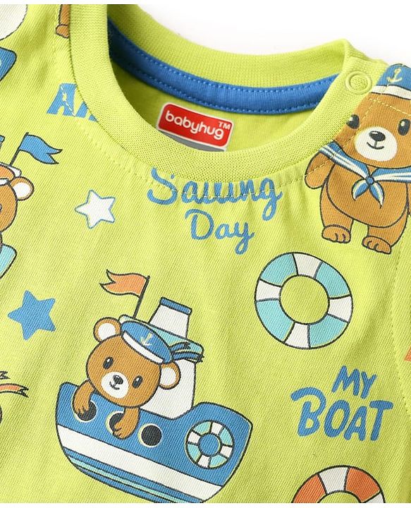 Babyhug Single Jersey Knit Sleeveless Tank T-Shirt & Shorts Set with Teddy Print - Limegreen & Blue