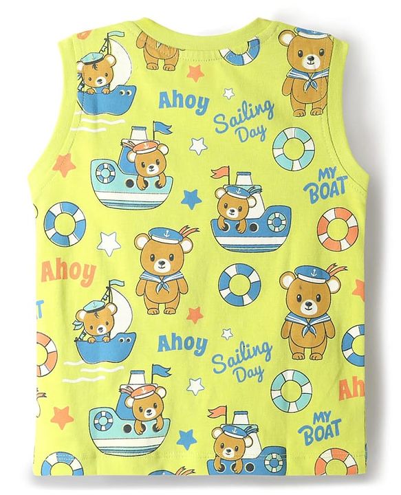 Babyhug Single Jersey Knit Sleeveless Tank T-Shirt & Shorts Set with Teddy Print - Limegreen & Blue